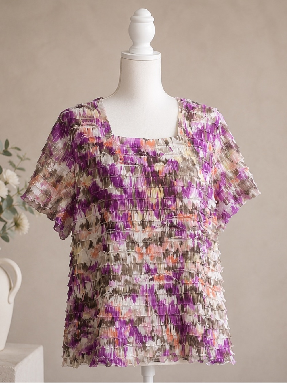 Alfred Dunner XL Purple Ruffle Mesh Top Watercolor Print Blouse